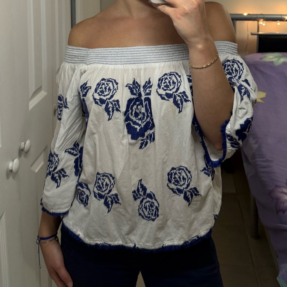 White and Blue Relaxed Off-the-Shoulder Blouse